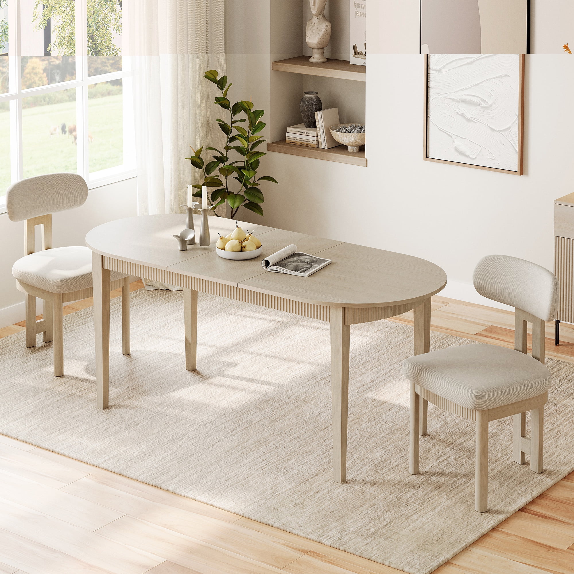 3 Piece Modern Dining Table Set, 73" Solid Wood Oval Dining Table with 2 Polyester Chairs, Dining Set with Fluted Apron for Kitchen & Dining Room