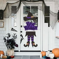 3-Piece Hanging Witch Decor Set - Pre-Assembled Door Sign with Hat and Legs Halloween Porch Hanging Kit Party Photo Booth Prop(Purple)