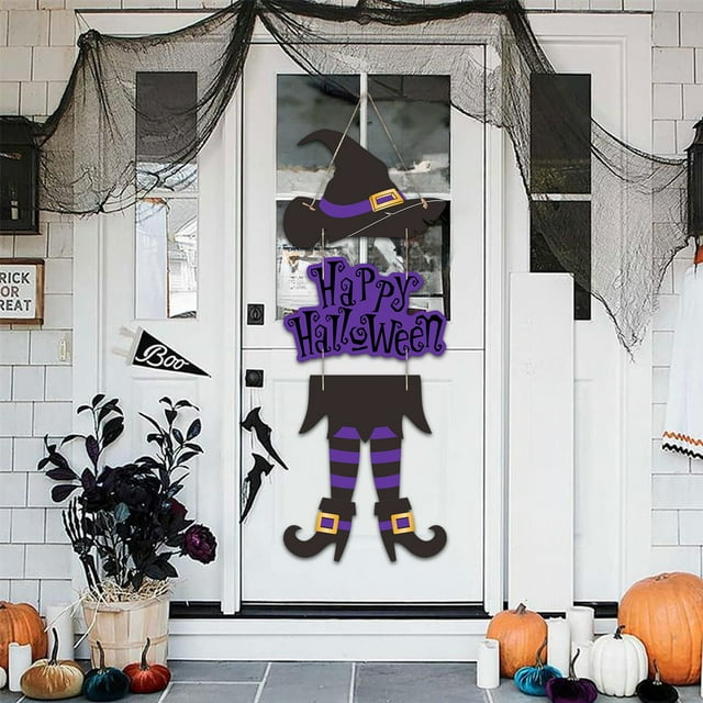 Letrero Colgante de Halloween con Piernas y Sombrero de Bruja - Decoración de Papel para Puerta (62,8 X 25 Cm) con Opciones En Naranja, Verde y Morado | Decoración para Fiestas y Festivales Espeluzna