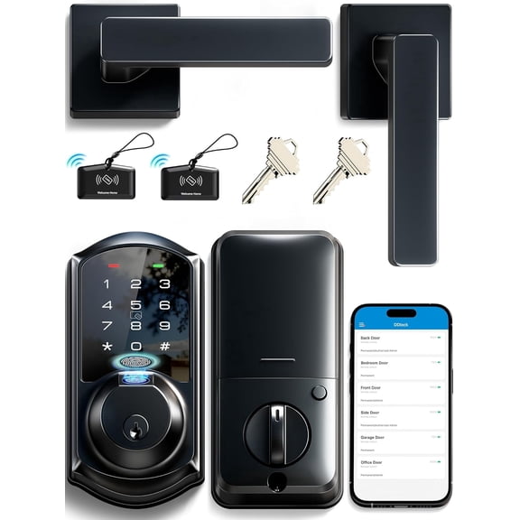 Veise VE07-L Fingerprint Smart Keypad Door Lock with Handle, Matte Black | App & Fob Control, 8-in-1 Keyless Entry Deadbolt, Front Door Lock Set, Electronic Digital Touchscreen, 250 Codes, Auto-Lock
