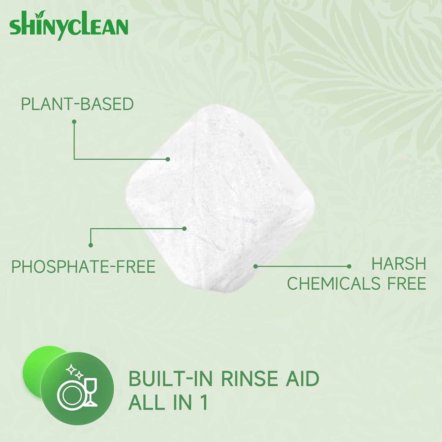 Dishwasher Detergent Tablets with Built-in Rinse Aid | All-in-1 Plant-Based Pods | Fragrance & Dye Free | Natural & Phosphate-Free | Biodegradable & No Unwrapping Needed | 62 Count
