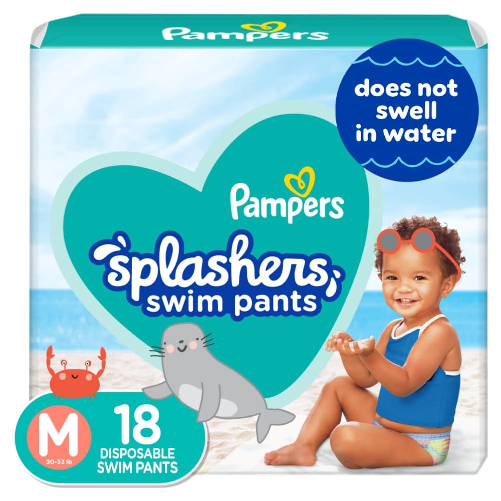 Pampers Splashers Swim Diapers - Size M, 18 Count, Gap-Free Disposable Baby Swim Pants C25