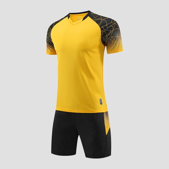 Amidoa Boys Summer Athletic 2 Piece Outfits CrewNeck Performance Short Sleeve and Active Casual Short Kids Clothing Set Yellow Size 10