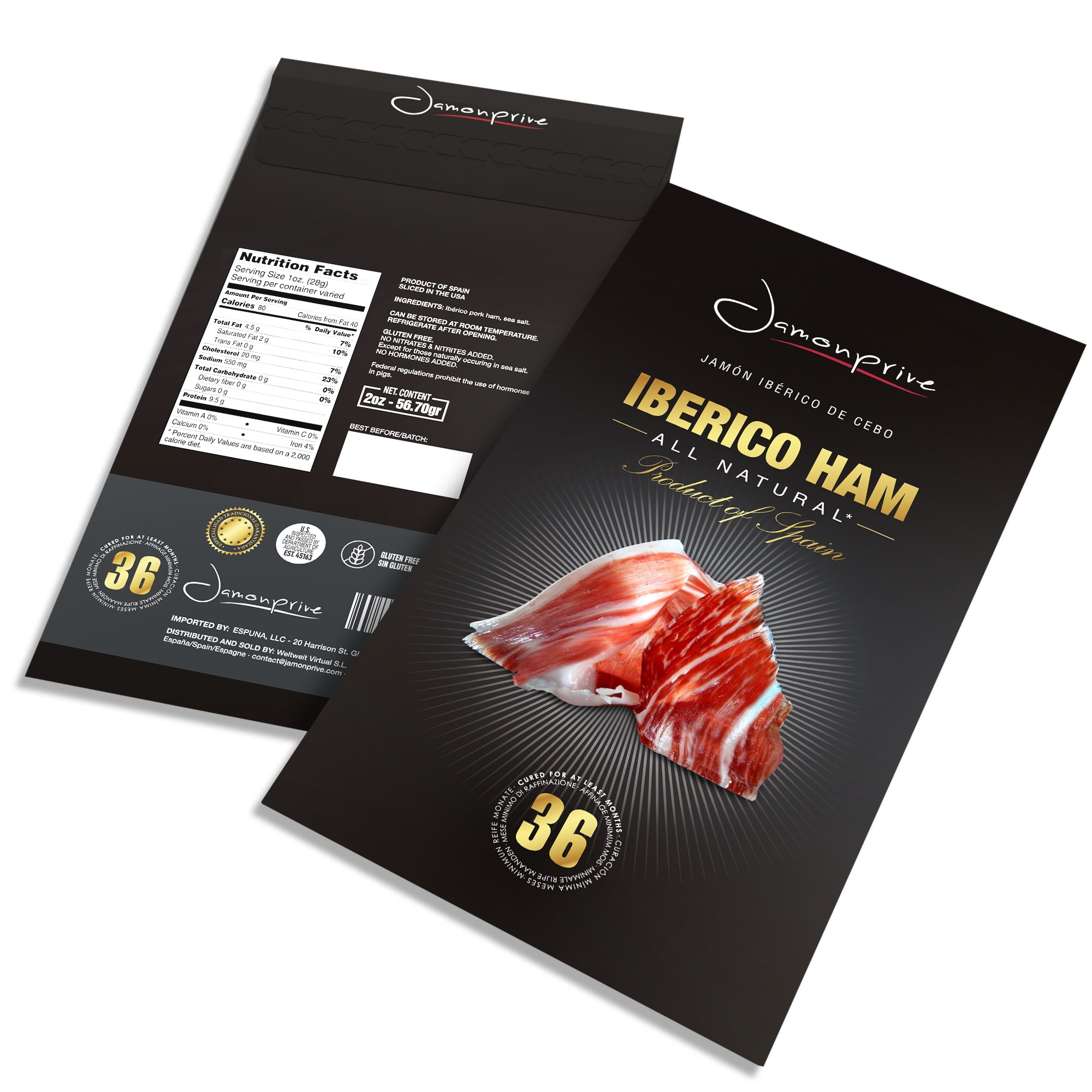 Spanish Jamon Iberico (Pata Negra) Pork Ham Gluten Free - Spanish Iberico Ham Sliced (2oz) Jamonprive