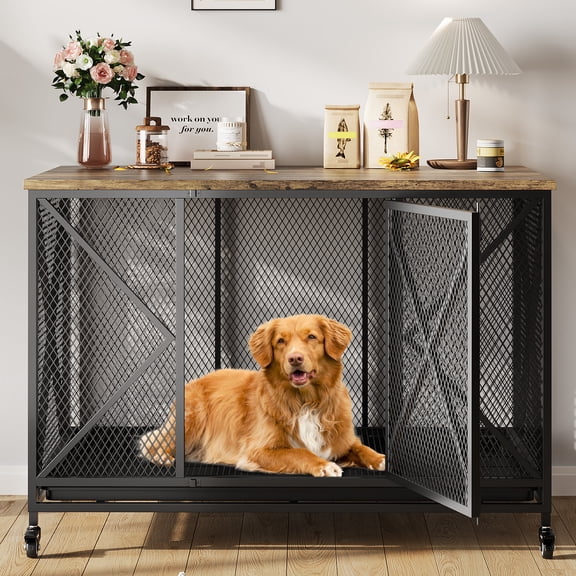 48 Inch Dog Crate Furniture with Wheels, Removable Tray,Metal Frame - Indoor Dog Cage for Small to Large Dogs, Black,48.4 * 29.9 * 34.2 Inch