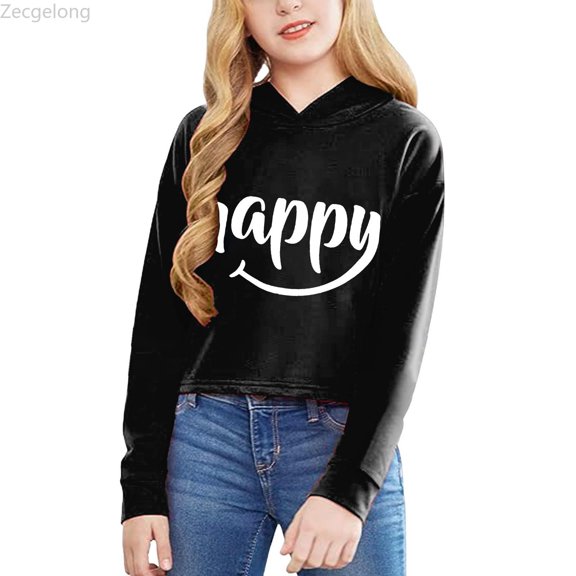 Zecgelong Children Girls Long Sleeve Letters Solid Color Short Hoodie Hoodie Top For Large Children Black,Size 3-4 Years