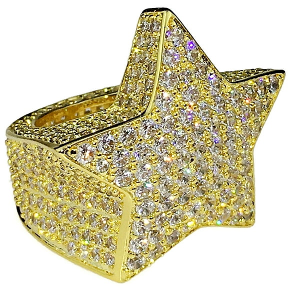 Men's Huge Star Ring 14K Gold Plated Micro Pave CZ Bling Pink Hip Hop Size 8
