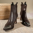 thumbnail image 4 of Dasayo Brown Womens Boots Wide Calf Ankle Pointed Toe Faux Leather Block Heel Cozy Dress Boots Womans Shoes 42, 4 of 9