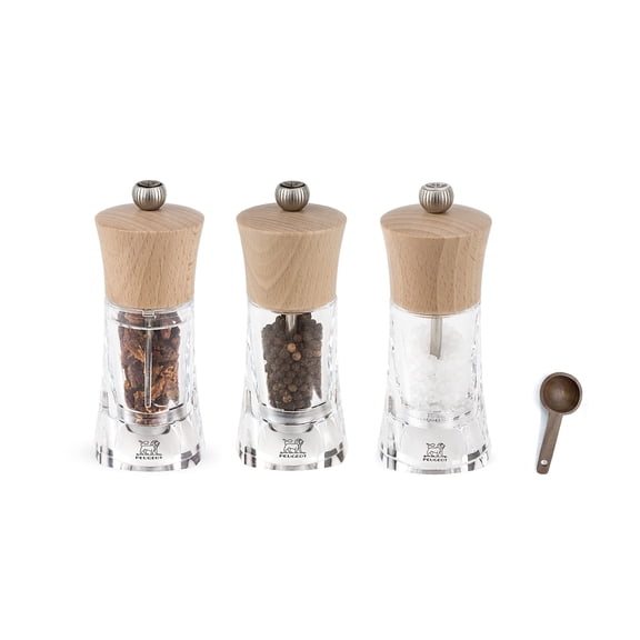 Peugeot - Oleron Manual Mill Chile, Salt, & Pepper Mill- Transparent Adjustable Grinder - Acrylic and Beechwood, Natural, 5.5 Inches - With Wooden Spice Scoop Spoon