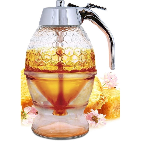 No Drip Plastic Honey Dispenser - Beautiful Honeycomb Shaped Pot and Maple Syrup Dispenser - Great Bee Decor and Stand - Honey Jar
