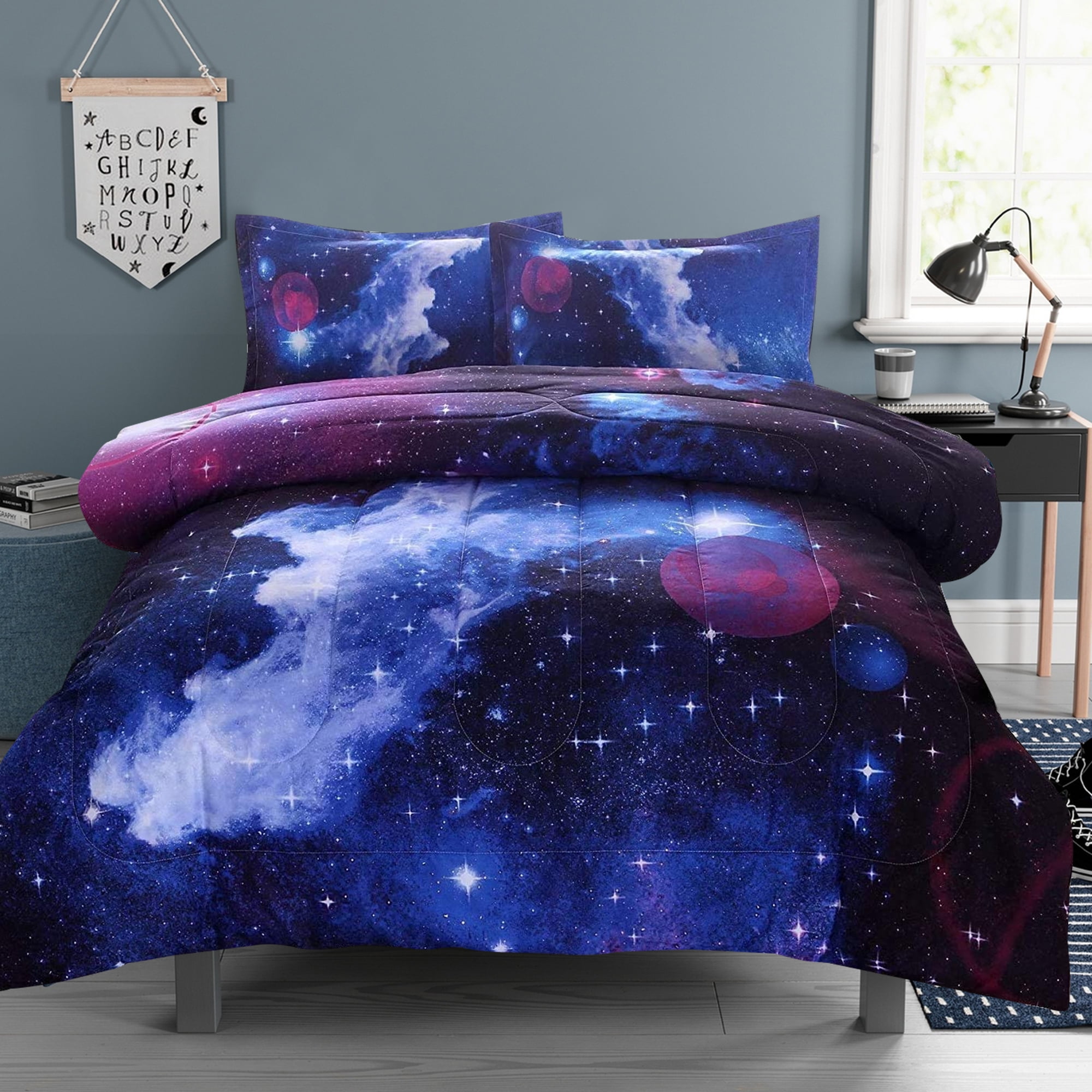 NTBED Galaxy Comforter Set Outer Space Bedding Sets 3D Printed Space Quilt Set Twin Size for Kids Blue