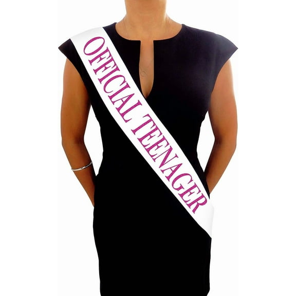 1 pcs Official Teenager White and Pink Glitter Satin Sash - 13th Birthday Party Supplies, Ideas, Gifts and Decorations