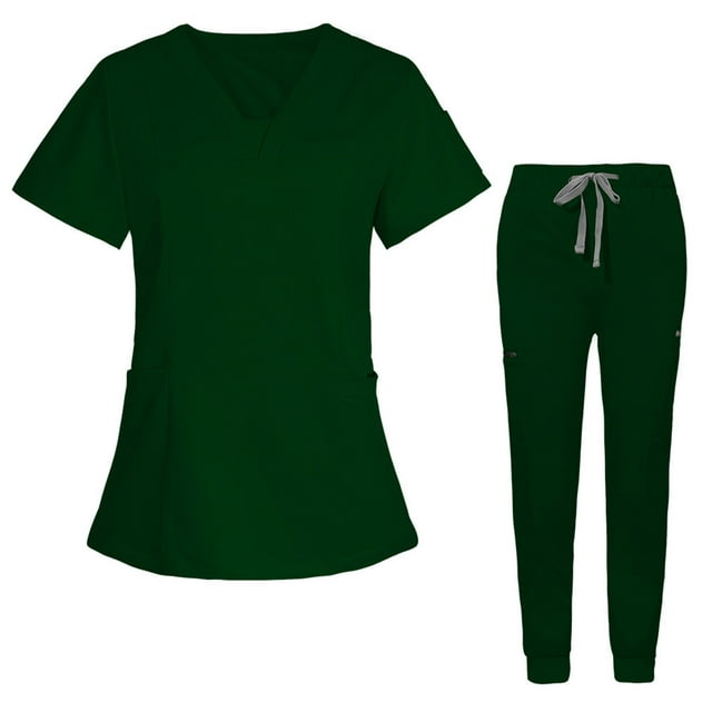 Scrubs Set for Women V-Neck Stretch Scrub Top and Drawstring Jogger Pants with 7 Pockets Anti Wrinkle Soft Nursing Uniform Set Short Sleeve Protective Work Clothes Shirt Set Green