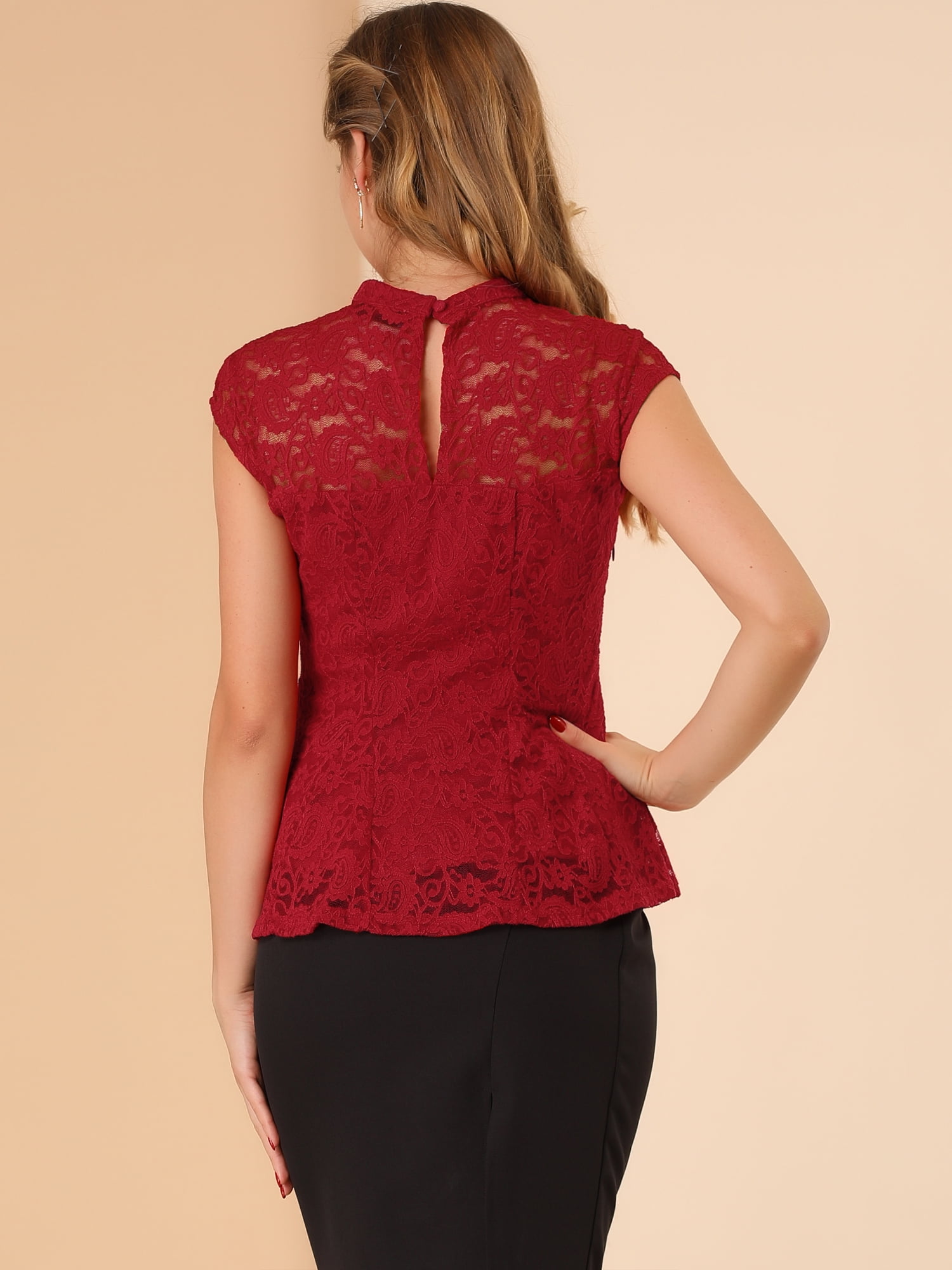 DARING DIVA Lace Floral Crochet Sleeveless Peplum Blouse XL Red
