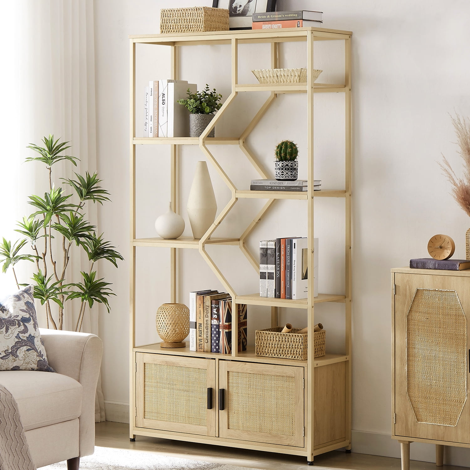 UWRNite Bookshelf with Doors, 75.6Inch Tall Iron Frame Bookcase, Free Standing Bookshelf with