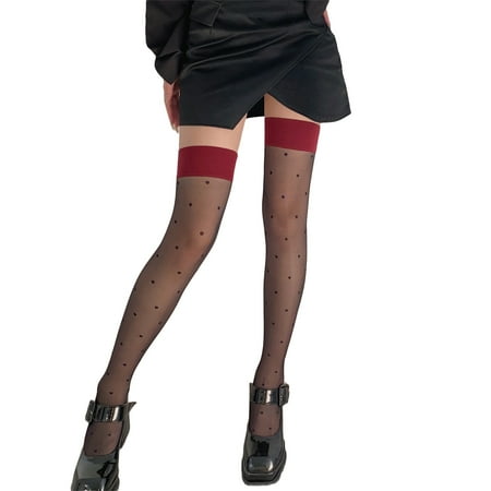 

VIEGINE Women Colorblock Patchwork Silky Thigh High Stockings Polka Dot Sheer Long Socks
