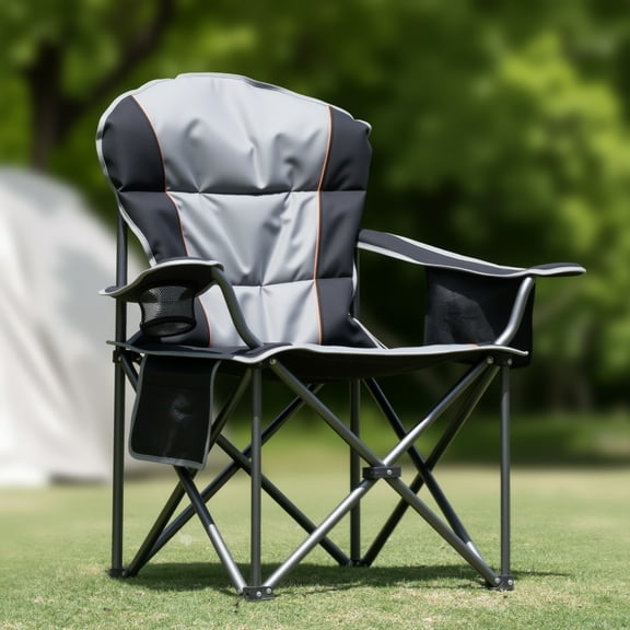 ROSVOVO Heavy Duty Camping Chair with Cooler Bag - Oversized Folding Chair with Side Pockets, Cup Holder & 500LB Capacity for Outdoor Events, Black & Grey