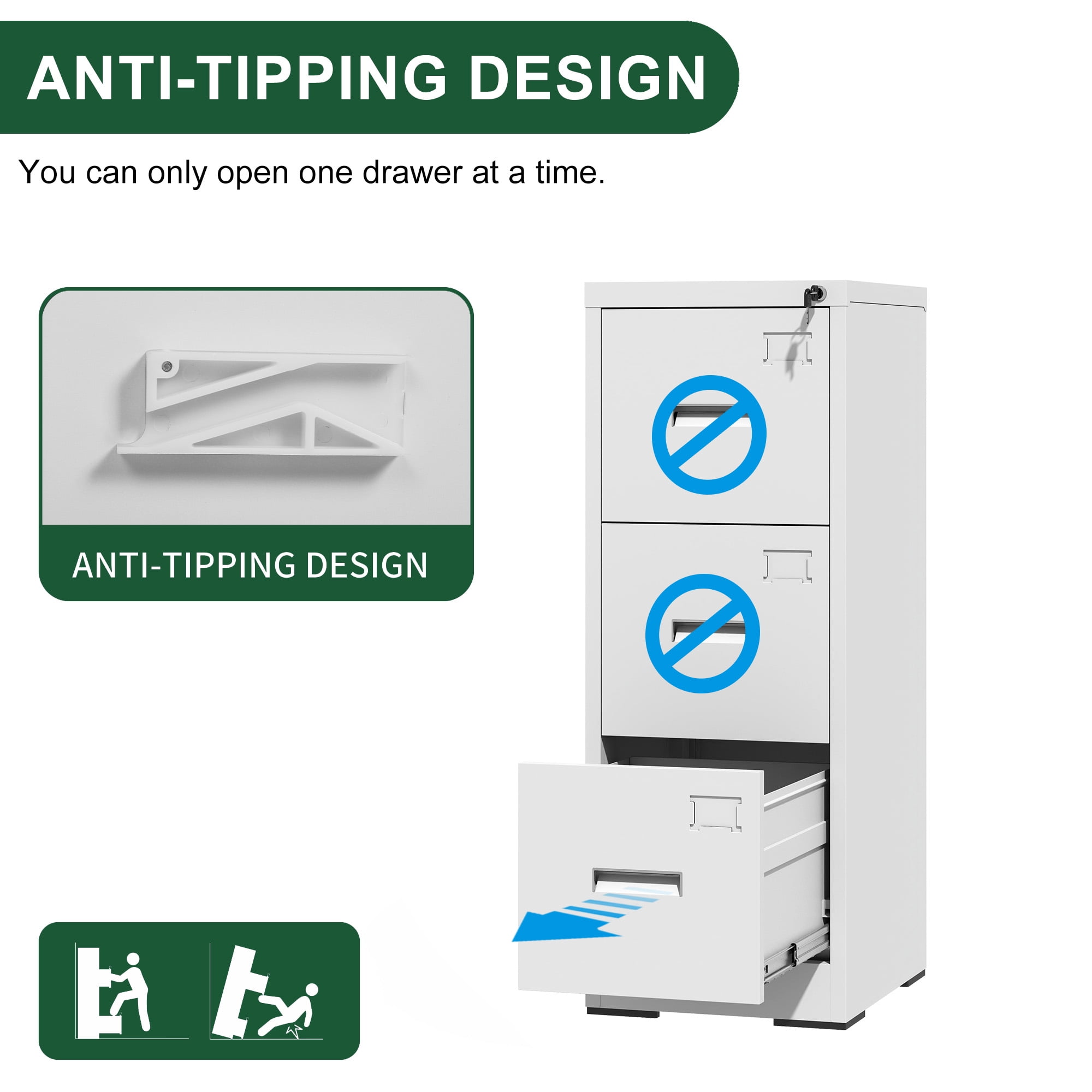 File Cabinet, 3 Drawer Filing Cabinet with Lock, Locking Vertical File Cabinet for Home Office, White Metal File Cabinet for Hanging Letter/Legal Folders, Easy Assemble