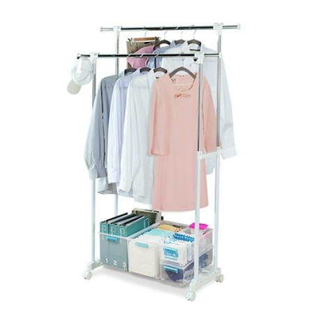 Double Hanging - The Elixir Eco Green Double Rail Rod Adjustable Rolling Garment Rack with Shoe/Luggage Rack, Metal Hanging Clothes Rack, Free Standing Garment Rack, White