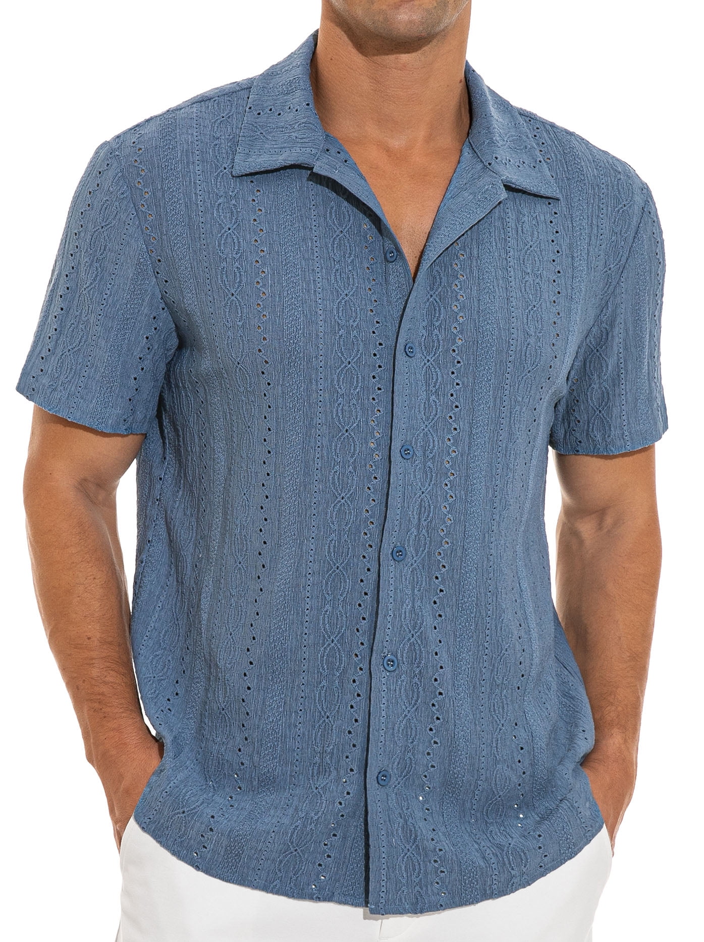 Iceglad Men's Casual Button Down Shirts Short Sleeve Shirts Vacation Beach Summer Hollow Out Tops