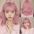 thumbnail image 2 of Pelucas de cabello sintético para mujer, pelo corto ondulado rosa con flequillo, colorido, Natural, fiesta de Cosplay, Afro, diario, resistente al calor, 2 of 4