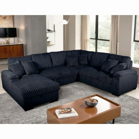 Living Room Right Facing U-Shaped Pull Out Sectional Sofa w/ Storage Chaise   Pillows, Black