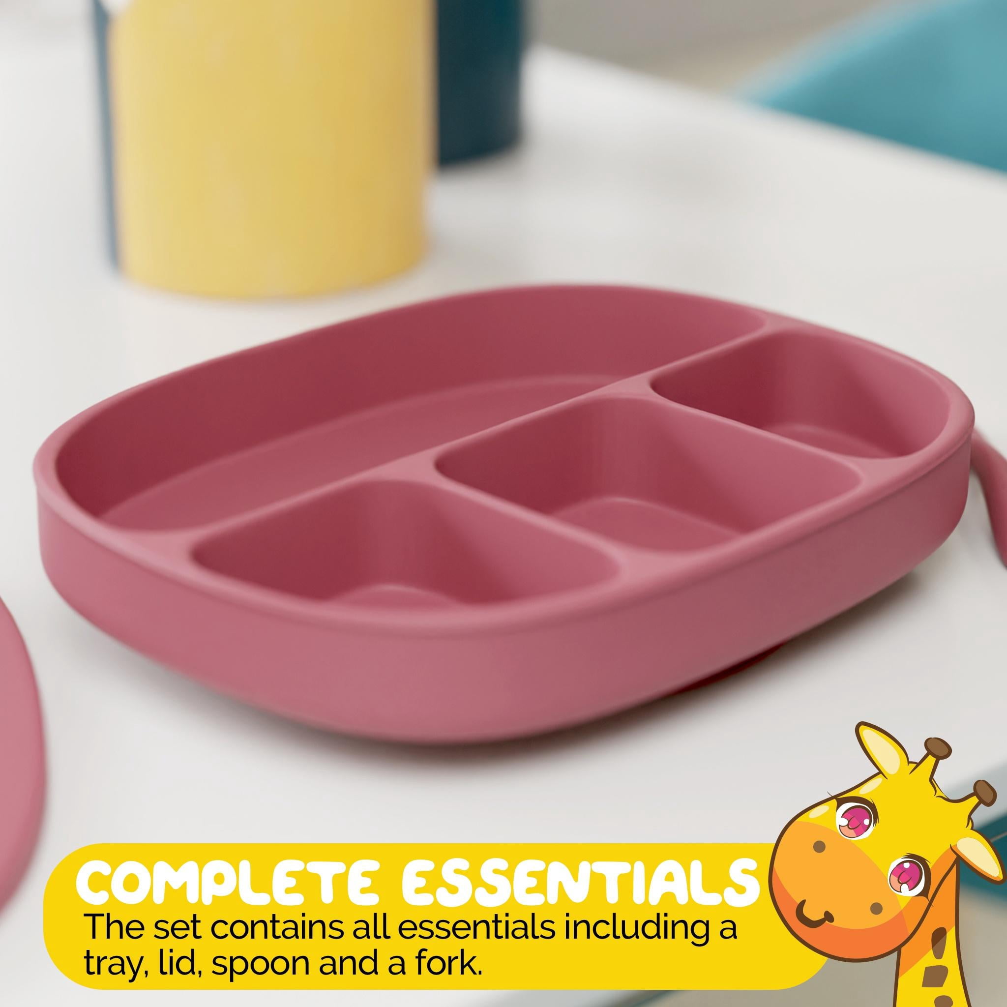 Baby Essentials Set with Food Tray and Baby Utensils by Muqee Peeko in Pink Color - (3 Piece Set)