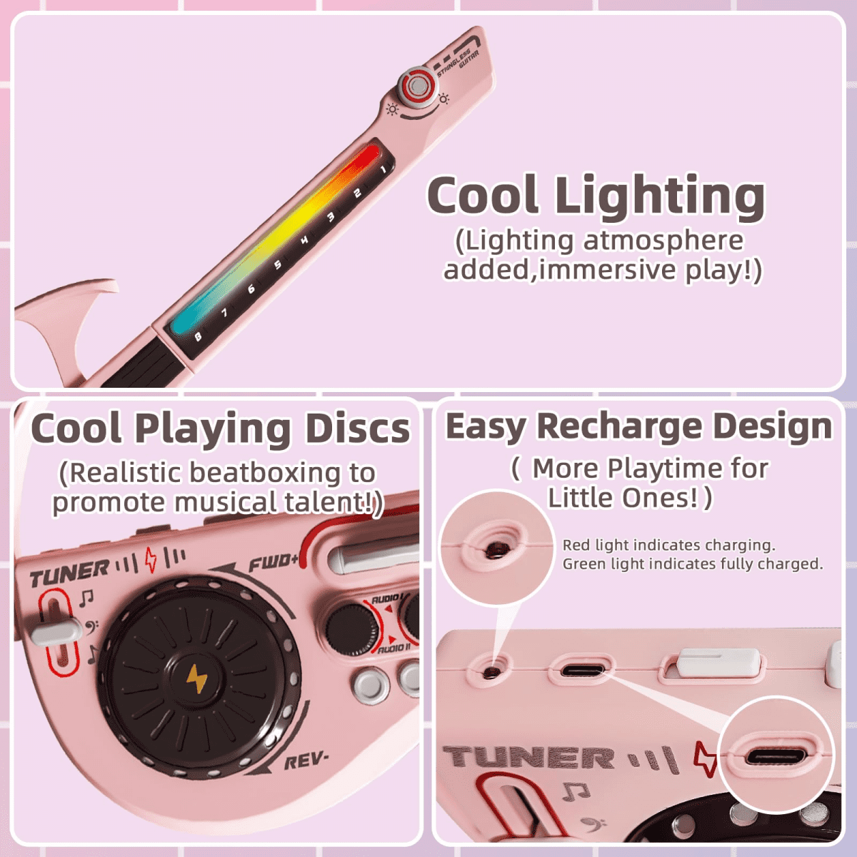 Kids Electric Guitar Playset, Kids Musical Instruments Set with DJ Turntable, Wireless Connect & Lights for Boys Girls Birthday Christmas Gifts(Light red)