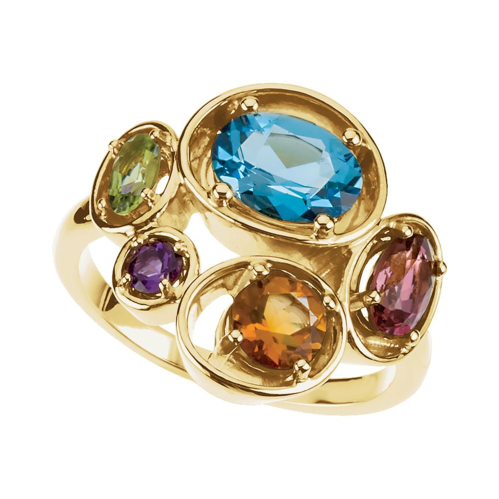 14k Yellow Gold Swiss Blue Topaz & Pink Tourmaline & Peridot & Amethyst & Citrine Multi-Gemstone Ring by