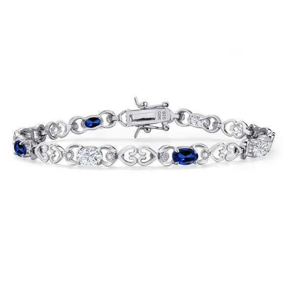 Gem Stone King 925 Sterling Silver White Moissanite and Blue Created Sapphire and Lab Grown Diamond Bracelet for Women | 4.41 Cttw | Gemstone Birthstone | Oval 6X4MM | Length 7.25 inches