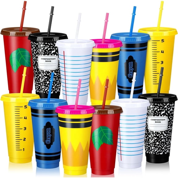 12 Pcs Teacher Appreciation Cups Gifts Teacher Gifts in Bulk Reusable 24 oz Plastic Coffee Cups in Bulk Back to School Cup Reusable Appreciation Tumblers with Lids and Straws