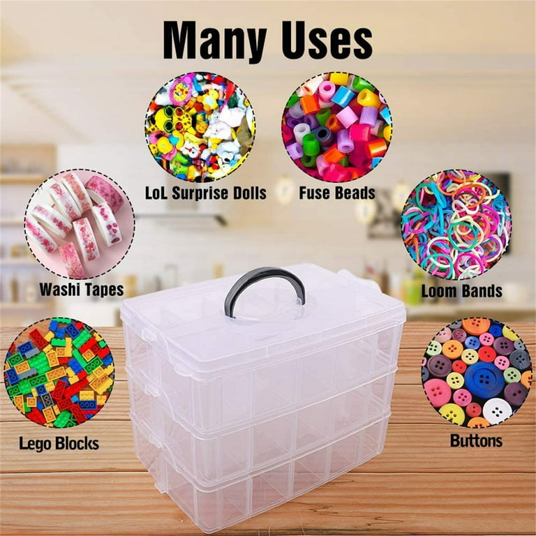 Sumnacon 2-Tier Stackable Craft Storage Box Plastic Adjustable Storage Containers with Carry Handle Transparent Containers Organiser for Art & Craft