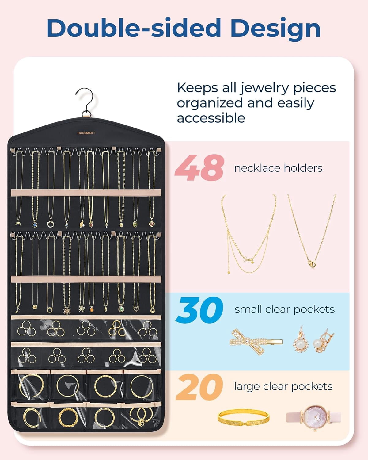 Hanging Jewelry Organizer With Hanger Metal Hooks Double-Sided Jewelry Holder For Organizing Earrings Necklaces Rings Perfect For In Hanging Closet, Wall, Door, 1 Piece, Xl, Black[Z1]