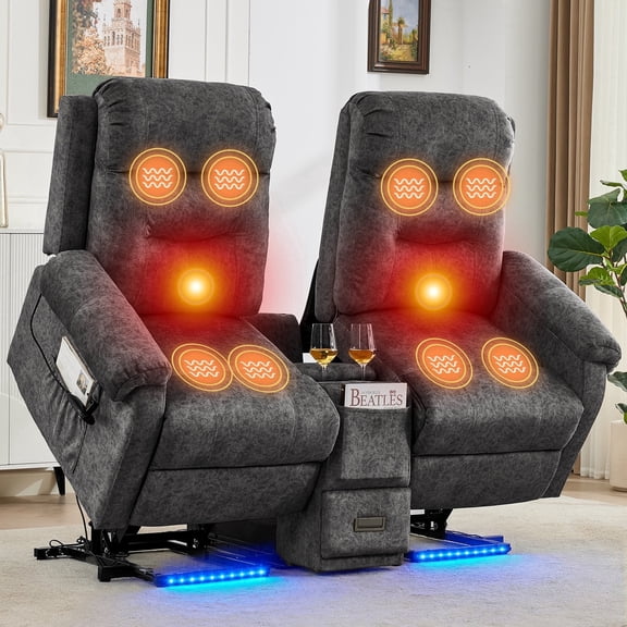 IPKIG Power Lift Recliner Loveseat with Vibration, Heat & USB Port, Dual Electric Massage Chairs with LED Light & Side Pockets, Velvet Gray