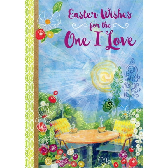 Designer Greetings Blue Sky, Sunlight Shining on Table and Chairs and Glitter Flowers One I Love Easter Card for Husband: Wife: Boyfriend: Girlfriend
