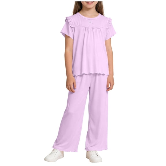 Girls 2 Piece Matching Outfit Ruffle Sleeve Top Wide Leg Pants Set Solid Purple Polyester Casual Loungewear Comfortable Playwear,Size 11-12 T