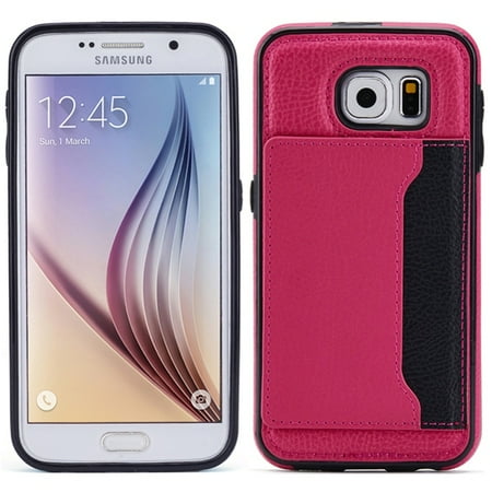 Pink Leather Skin - Samsung Galaxy S6 Compatible Pink Leather Phone Case Wallet Cover Card ID Slots Stand Protective Skin Y1O