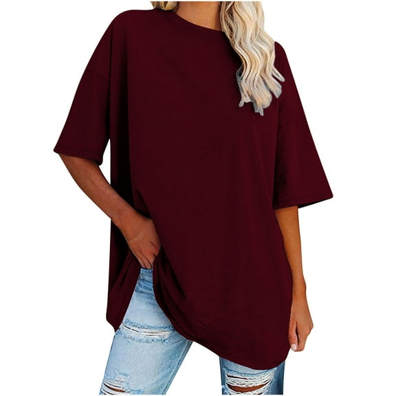 AherBiu Oversized Tops for Women Short Sleeve Crewneck Summer Casual Loose Basic Comfy Top Tees Plain Tshirt