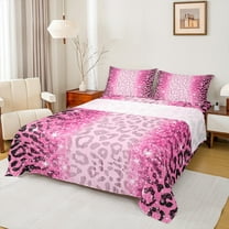 jejeloiu Leopard Pattern Queen Sheet Sets,Modern Cheetah Print Flat Sheet,Pink Bling Print Queen Fitted Sheet For Girl Teens,Microfiber Bedroom Decor,4 Pieces