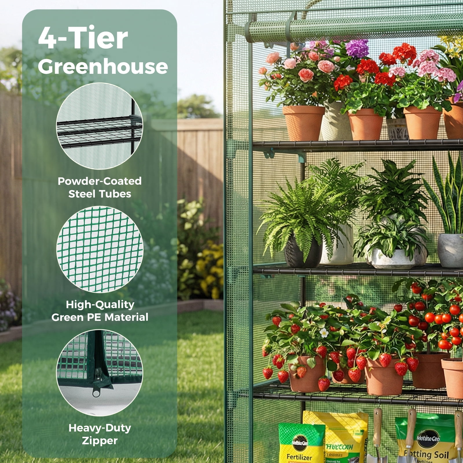 CONCETTA 4-Tier Mini & Portable Greenhouse with Rust-Resistant Steel Frame, Clear PVC Cover for Indoor or Outdoor Gardening, Green