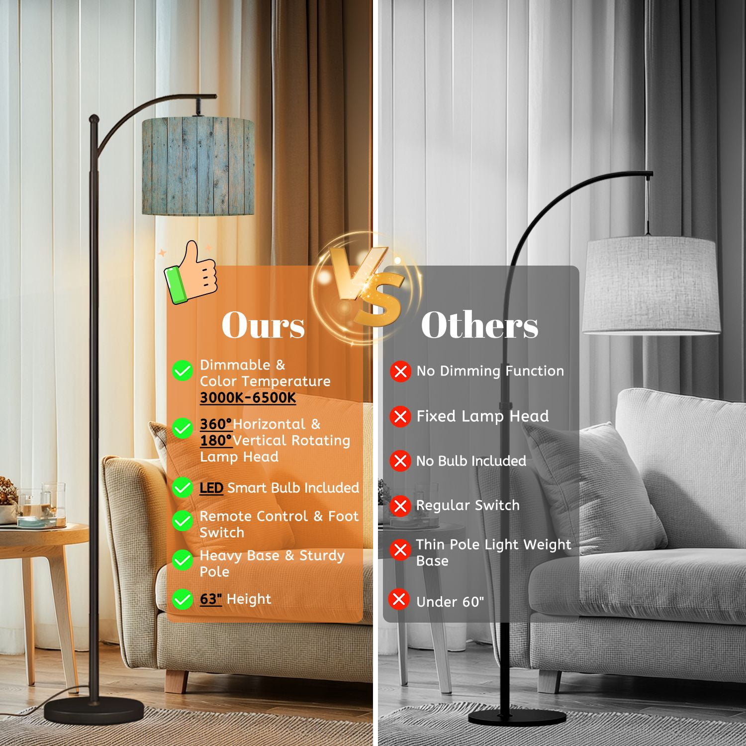 Arc Floor Lamp with Adjustable Lampshade Light old boards Wooden light wood Advertising Standing Lamp 3 Color Temperatures Dimmable Tall Pole Lamp with Foot Switch for Bedroom
