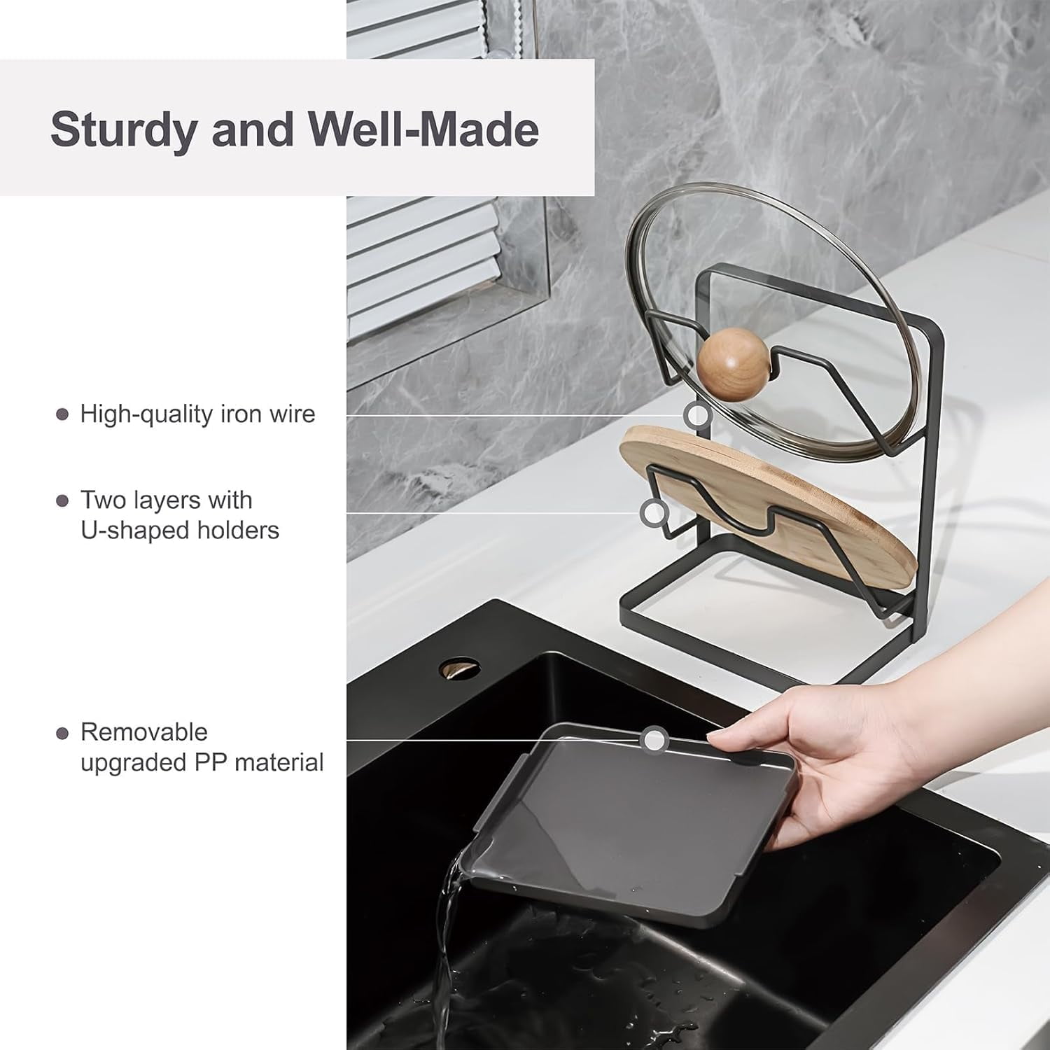 Kitchen Pot Lid Storage Rack, Heavy-Duty Carbon Steel Kitchen Utensil Holder for Boards, Pot Lids, Trays, and Countertop Organization