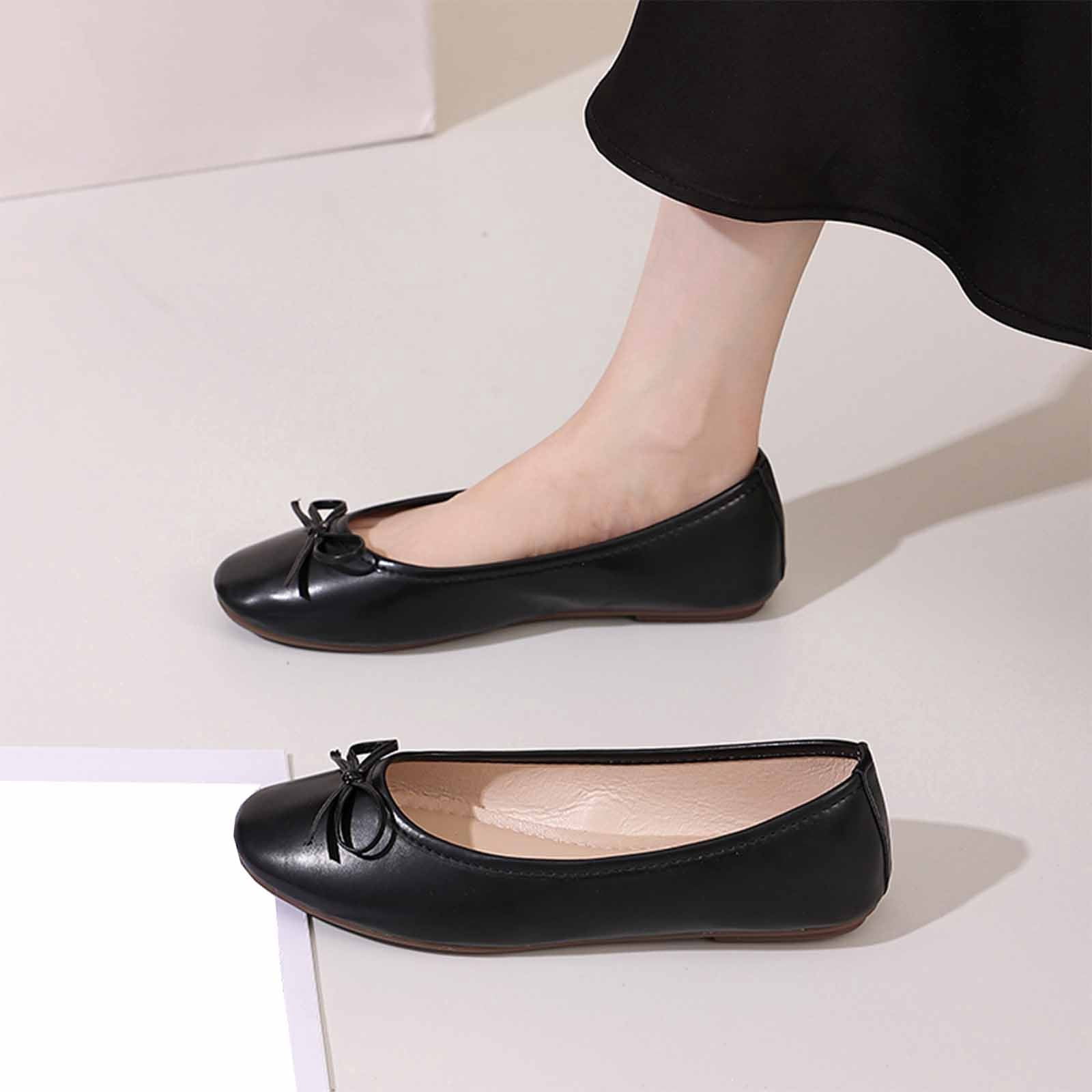 Womens Ballet Flats Slip On Comfortable Work Shoes for Women, Black Everyday Flats with Bow Detail,Size 8.5