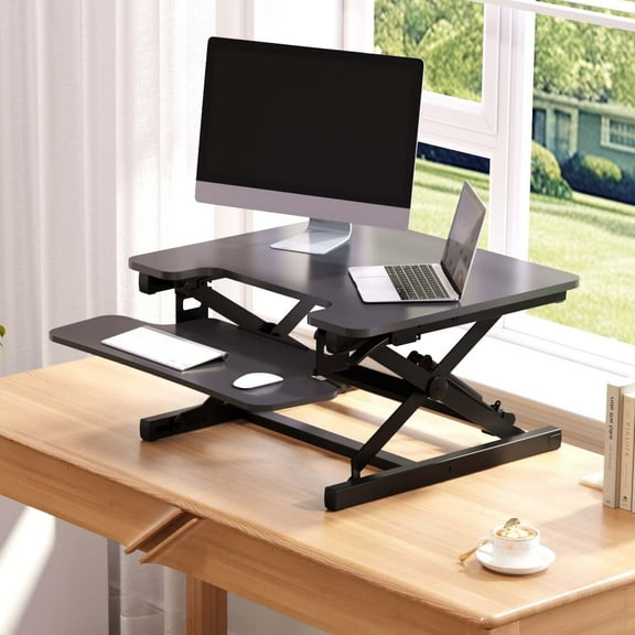 FLEXISPOT 27" Height Adjustable Stand Up Desk Converter - Smooth & Effortless Lift, Compatible with Dual Monitor Mount, Removable Keyboard Tray - Sit to Stand Riser, Black