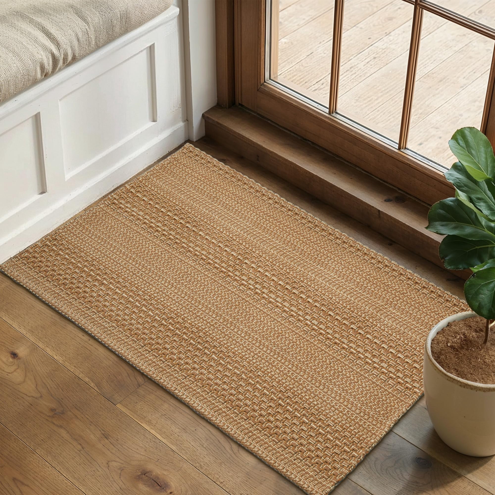 MatEssenz Boho Rug 2x3, Small Area Rug for Entryway Kitchen, Machine Washable Non-Slip Woven Rug, Vintage Geometric Indoor Doormat, Light Taupe Brown