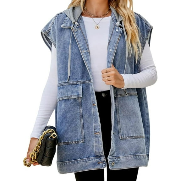 Women's Oversized Denim Vest, Mid-Long Jean Jacket, Sleeveless, Distressed, Cotton, Size XL Blossomir