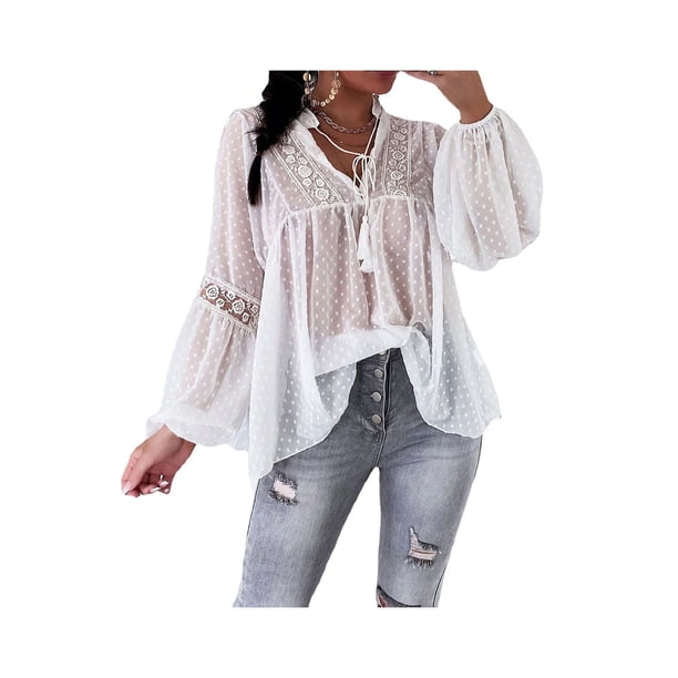 Txlixc Blusa de manga larga femenina con encaje, cinta de borla y patrón de punto Txlixc moda