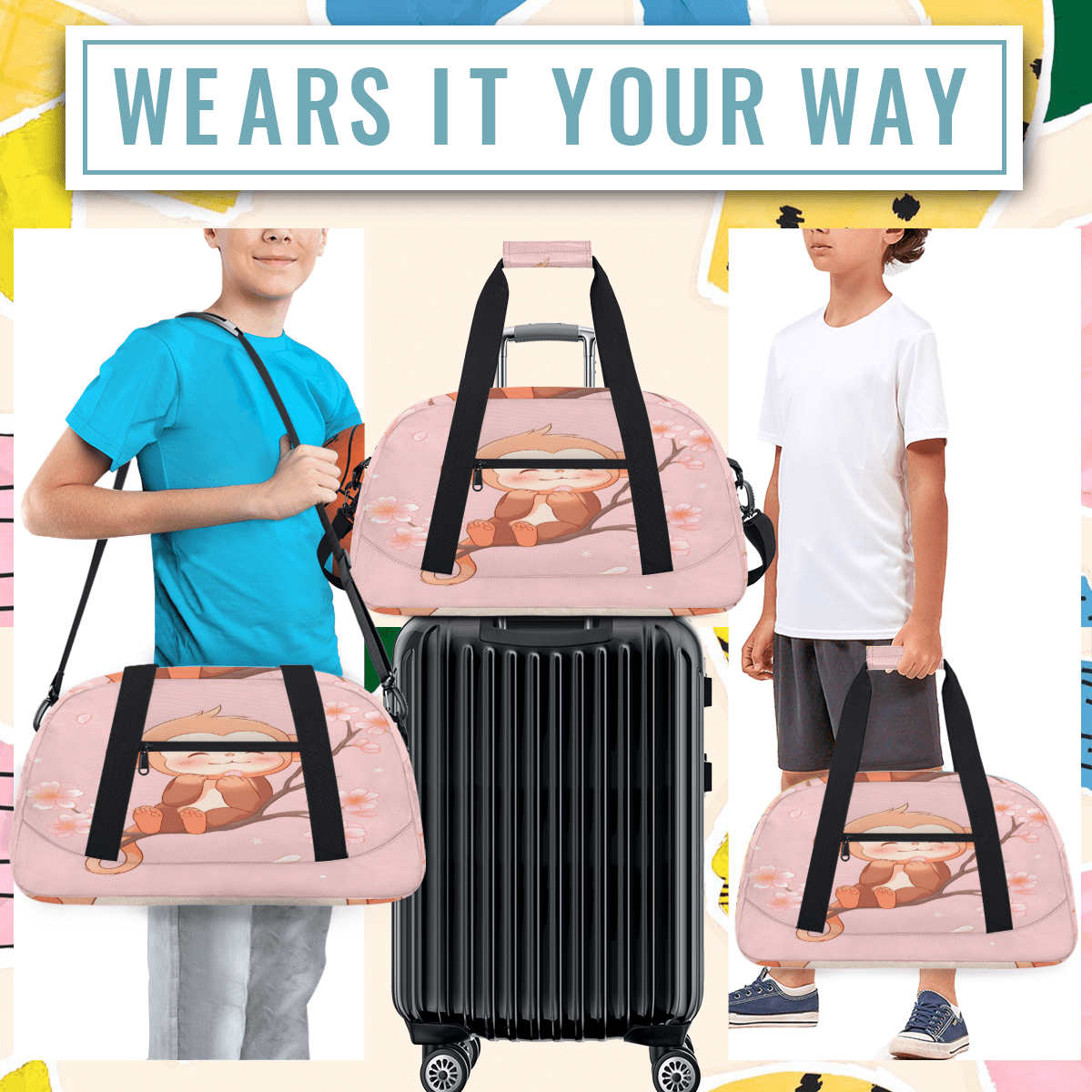 Herdesigns Pink Sports Duffle Bag for Women & Men, Cute Monkey Gym Bag Dance Bag Overnight Bag Carry On Weekender Travel Bag
