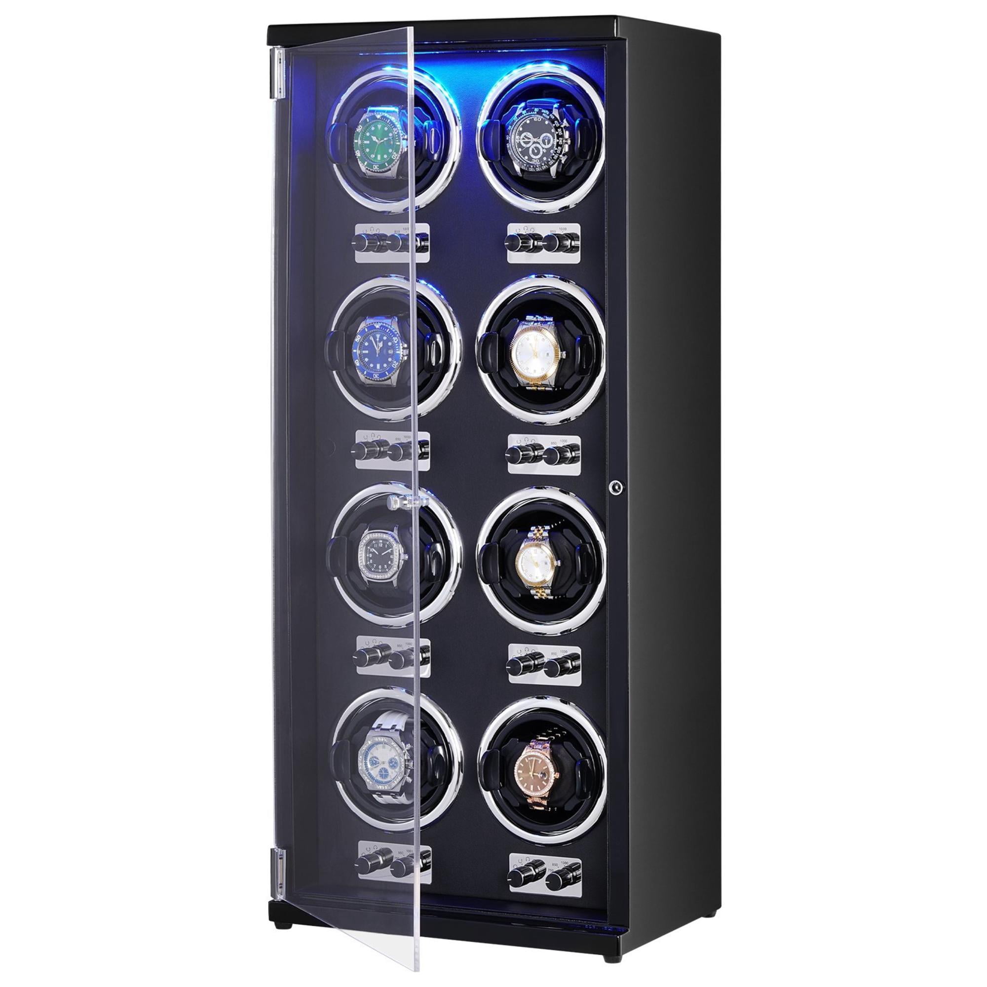 Watch Winder for 8 Automatic Watches, Japanese Mabuchi Motors, Blue Led Light, High-Density Board Shell, Black Pu