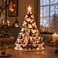 thumbnail image 6 of Illuminated Christmas Town Tree Tabletop Ornament Lighted Village Scene with Church Snowmen Bows and Warm Built In Lights, 6 of 9